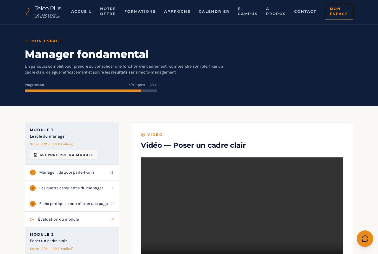 Espace apprenant de l'e-campus TELCOPLUS : liste des modules, score des évaluations et leçon vidéo en cours